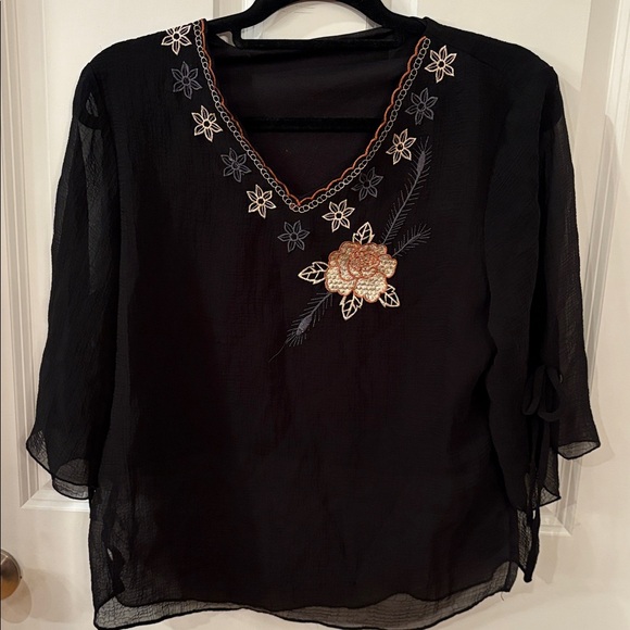 Tops - Black Sheer Top with Floral Embroidery